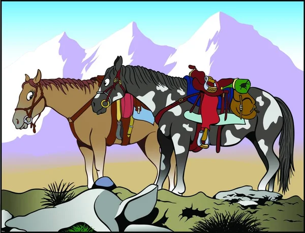 Illustrazione Dei Cartoni Animati Due Cavalli Del Far West Che — Vettoriale Stock