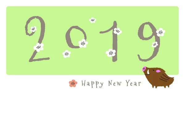 Neujahrskarte Mit Süßen Wildschweinen Und Pflaumenblüten Für Das Jahr 2019 — Stockvektor
