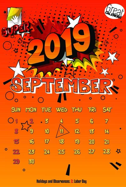 Шаблон Календаря Комиксов Стиле Ретро Сентябрь 2019 Года Фон Стиле — стоковый вектор