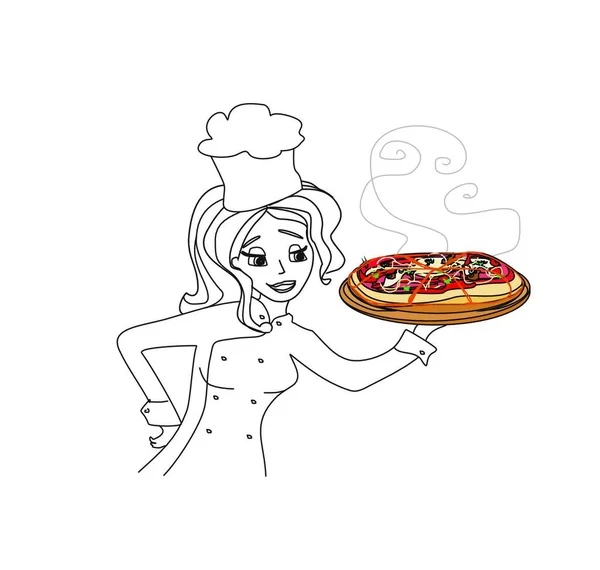Uśmiechnięta Kelnerka Serwująca Pizzę — Wektor stockowy