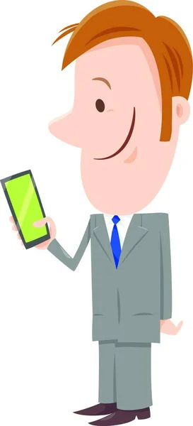 Cartoon Illustration Eines Glücklichen Mannes Oder Geschäftsmannes Mit Smartphone — Stockvektor