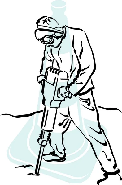 Illustration Eines Straßenarbeiters Der Einen Presslufthammer Auf Einer Fahrbahn Benutzt — Stockvektor