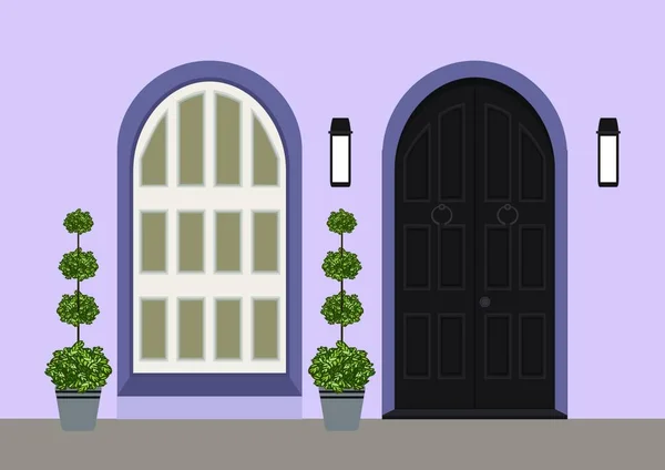Dom Drzwi Przednie Ręki Mat Kroki Okna Lampy Kwiaty Budynek — Wektor stockowy