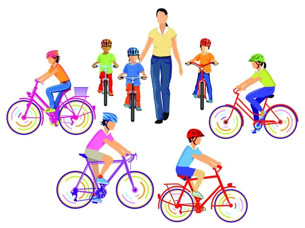 Дети Учатся Кататься Велосипеде — стоковый вектор