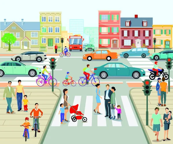 Cidade Com Pedestre Cruzamento Semáforo Junção Rodoviária Ilustração — Vetor de Stock