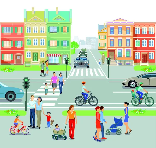 Cidade Com Travessia Pedestres Junção Rodoviária Ilustração — Vetor de Stock