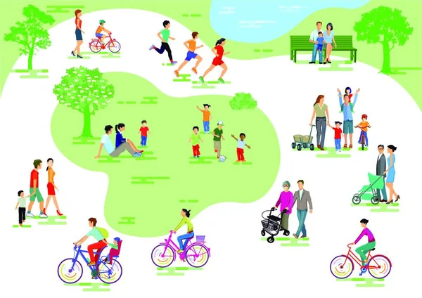 Stadsparken Med Människor Och Familjer Fritid Jogging Och Cykling — Stock vektor