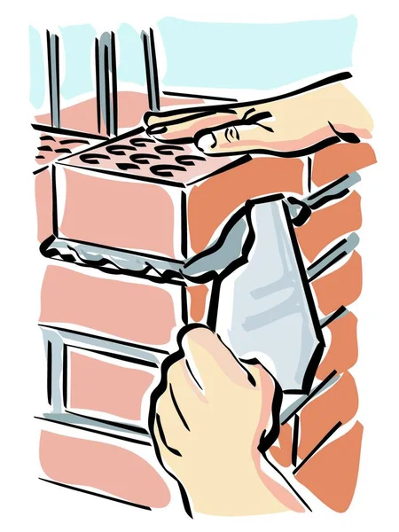 Illustration Eines Bauarbeiters Beim Bau Einer Hauswand — Stockvektor