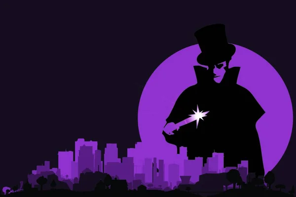 Jack Destripador Revoloteando Sobre Paisaje Urbano Púrpura Con Luna Llena — Vector de stock