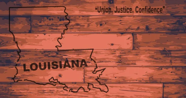 Mapa Stanu Luizjana Marki Drewnianych Deskach Zarysem Mapy Hasłem Państwa — Wektor stockowy