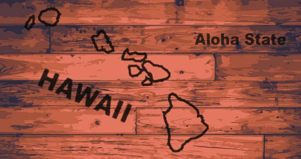 Hawaje Stan Mapa Marka Drewnianych Deskach Konturem Mapy Stan Moto — Wektor stockowy