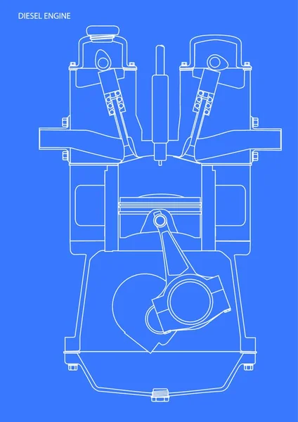 Impresión Azul Motor Diesel Línea Blanca Sobre Azul — Vector de stock