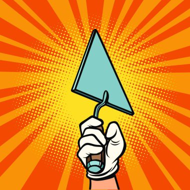 Hand with construction trowel. Comic cartoon pop art retro vector illustration drawing vector