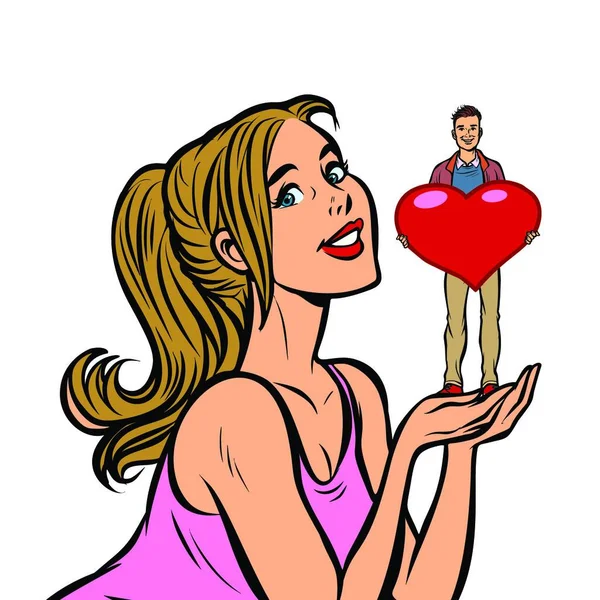 年轻夫妇喜欢瓦伦丁的心 漫画流行艺术复古矢量插图绘图 — 图库矢量图片