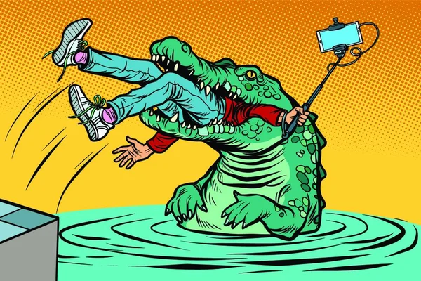 Крокодил Напал Человека Опасное Селфи Ретро Векторная Иллюстрация Комиксам — стоковый вектор