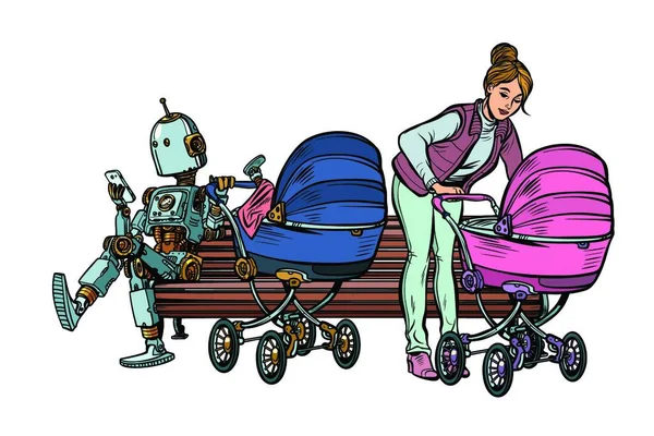 Madre Joven Robot Con Carro Bebé Banco Del Parque Arte — Vector de stock