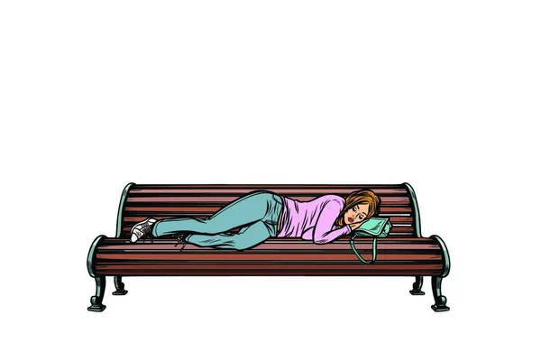 Young Woman Sleeping Bench Homeless Pop Art Retro Vector Illustration — Stock Vector