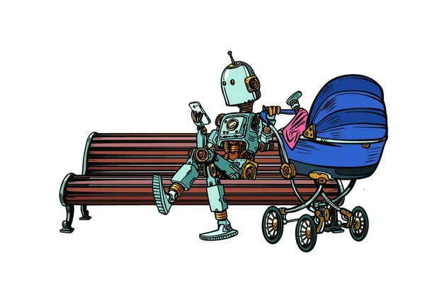 Robot Mamá Descansando Parque Con Cochecito Bebé Maternidad Arte Pop — Vector de stock