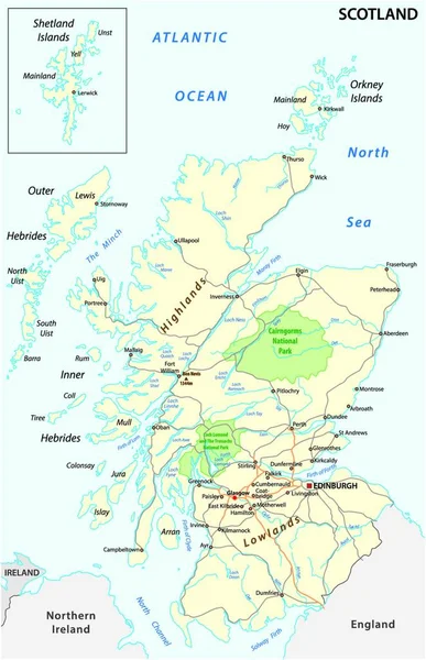 Mapa Detallado Carreteras Parques Nacionales Escocia Con Etiquetado — Archivo Imágenes Vectoriales