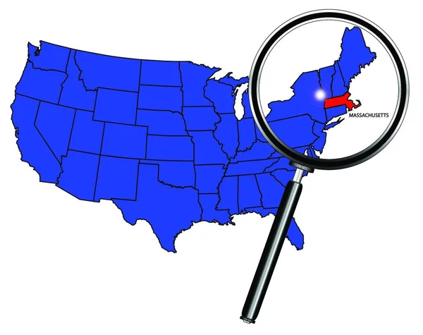 Massachusetts State Outline Set Map United States America Magnifying Glass — Stock Vector