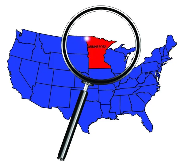 ミネソタ州の概要は 拡大鏡の下で米国の地図に組み込まれています — ストックベクタ
