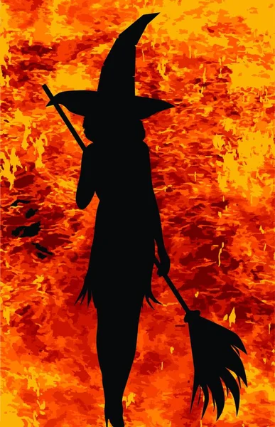 Halloween Witch Standing Flames Her Broomstick — Stock Vector