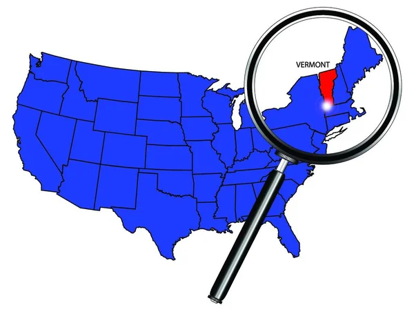 Vermont Státní Obrys Zasazený Mapy Spojených Států Amerických Pod Lupou — Stockový vektor