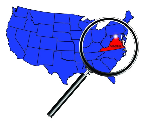 バージニア州の概要拡大鏡の下の米国の地図に設定 — ストックベクタ