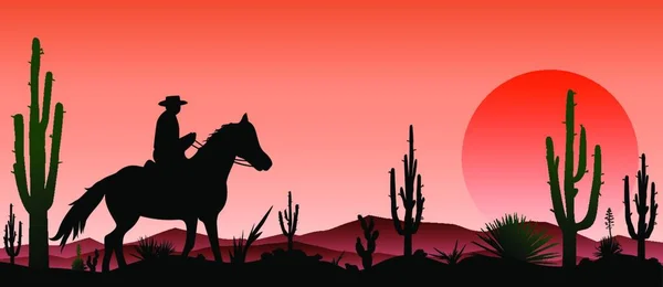 Всадник Лошади Пустыне Фоне Кактусов Закатов Закат Каменной Пустыне Силуэт — стоковый вектор