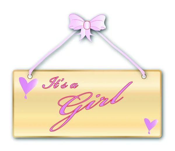 Girl Plaque Woodgrain Pink Ribbon Bow White Background Love Cartoon — Stock Vector