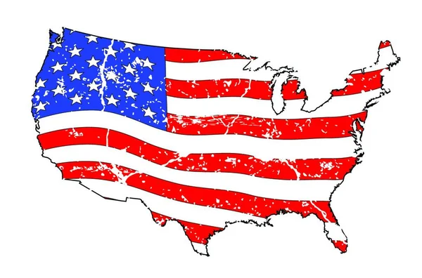 美利坚合众国在白色背景下展示星条旗的轮廓示意图 带有怨恨的效果 — 图库矢量图片