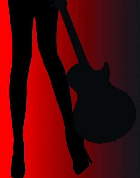 Una Chica Que Sostiene Una Guitarra Silgouette Sobre Fondo Rojo — Vector de stock