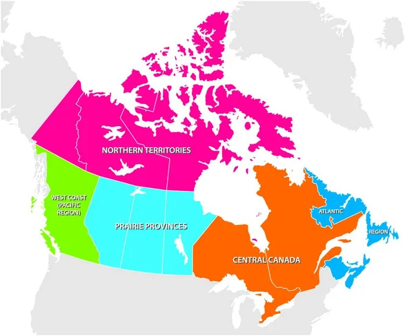 Mapa Geral Das Cinco Regiões Canadianas —  Vetores de Stock