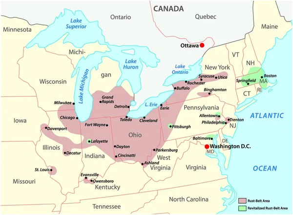 Χάρτης Της Περιοχής Rust Belt Στις Ηνωμένες Πολιτείες Της Αμερικής — Διανυσματικό Αρχείο