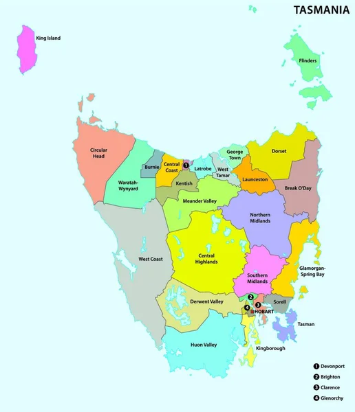 Tazmánia Önkormányzati Területének Közigazgatási Politikai Térképe Ausztrália — Stock Vector