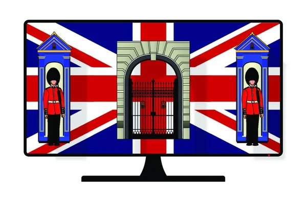 Ekran Telewizora Lub Komputera Flagą Union Jack Strażników Buckingham Pallace — Wektor stockowy