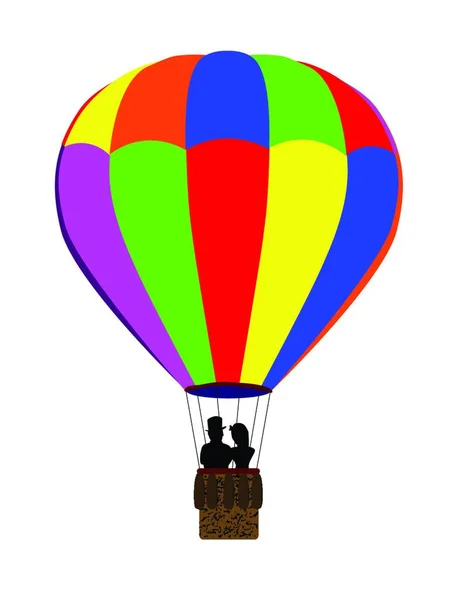 Typisk Flerfärgad Varmluftsballong Flyter Iväg Med Ett Par Siluett Korgen — Stock vektor