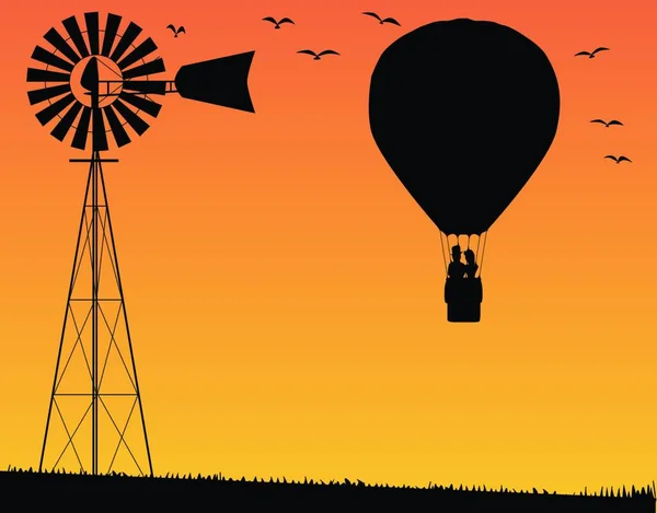 Die Silhouette Eines Heißluftballons Der Mit Einem Paar Korb Über — Stockvektor