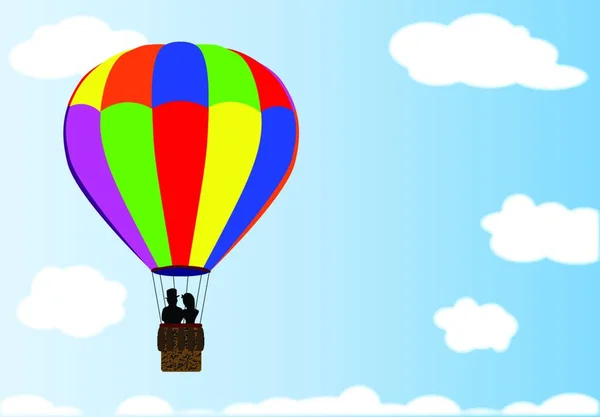 Ένα Αερόστατο Αιωρείται Στα Σύννεφα Ένα Ζευγάρι Στο Καλάθι — Διανυσματικό Αρχείο