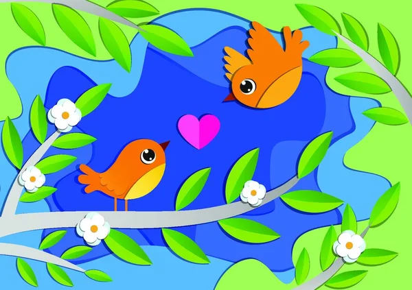 Birds in love on the blooming tree in spring. Paper art style