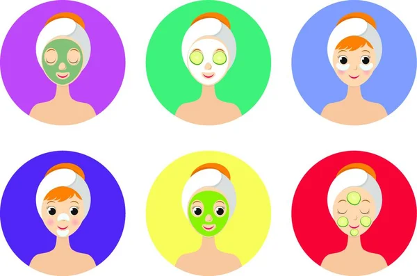 Diferentes Tipos Máscaras Faciais Cuidados Com Pele Conjunto Ilustração Rosto —  Vetores de Stock