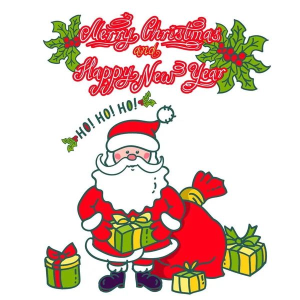 Santa Claus Dárkem Ruce Spoustou Krabic Kolem Vánoční Novoroční Pozdrav — Stockový vektor