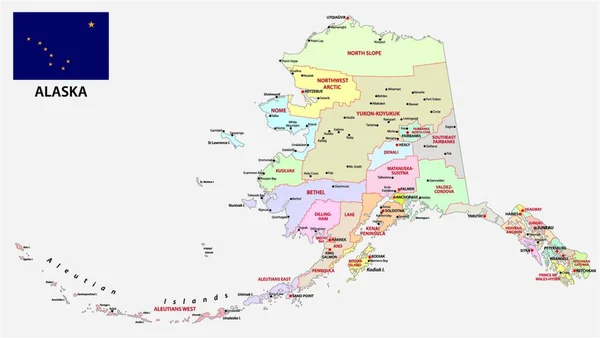 Alaska Administratieve Politieke Kaart Met Vlag — Stockvector