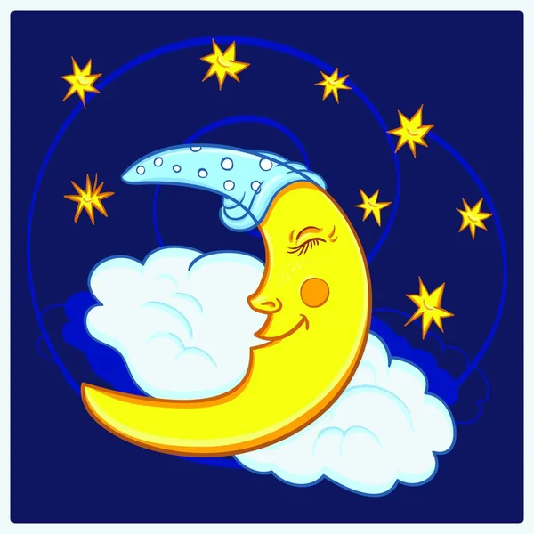 Luna Durmiendo Una Nube Con Estrellas Cielo Nocturno Ilustración Vectorial — Archivo Imágenes Vectoriales