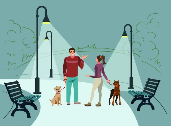 Young people (man and woman) walk in the park with their dogs in the evening when lighted lanterns. Vector illustration of people with pets in the street