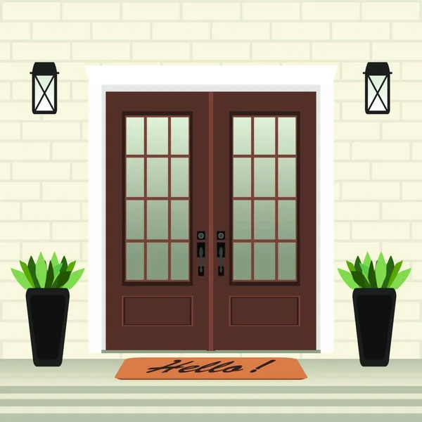 Haustürfront Mit Tür Und Matte Stufen Fenster Lampe Blumen Topf — Stockvektor