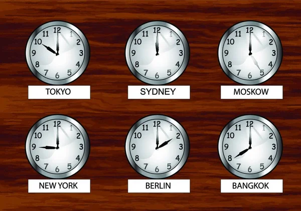 Παγκόσμιο Ρολόι Διαφορετικό Ρολόι Ζώνες Ώρας Στον Ξύλινο Τοίχο — Διανυσματικό Αρχείο