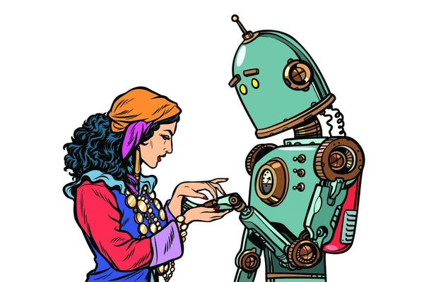 Cigano Contar Fortunas Pela Mão Robô Quer Saber Sobre Amor — Vetor de Stock