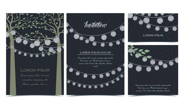 Ilustração Vetorial Árvores Com Folhas Corrente Lanternas Cartão Convite Celebração —  Vetores de Stock
