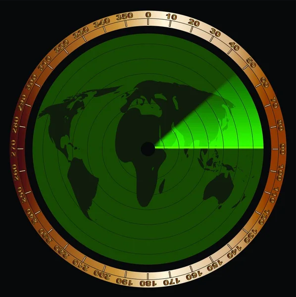 Pantalla Dispositivo Radar Típico Verde Con Graduaciones Mapa — Vector de stock